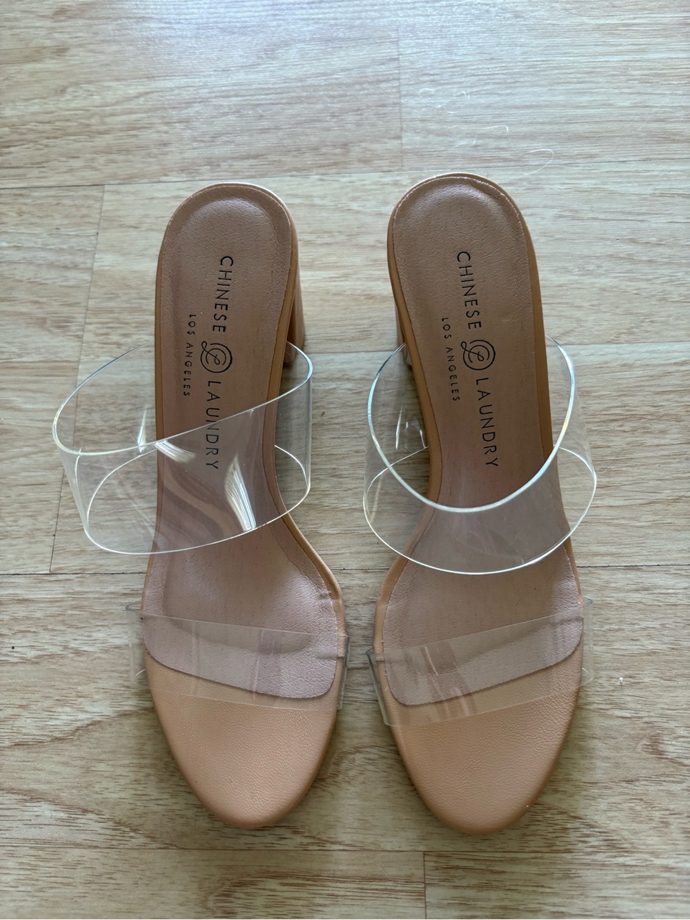Chinese Laundry Clear Strap Mules in Nude/Tan